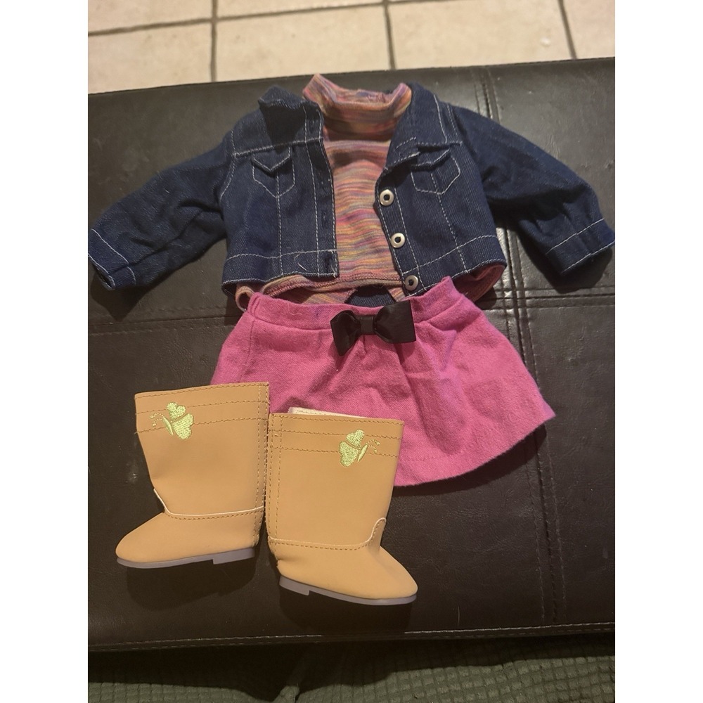 American Girl Doll Mismatched Outfit With Denim Jacket, And Boots